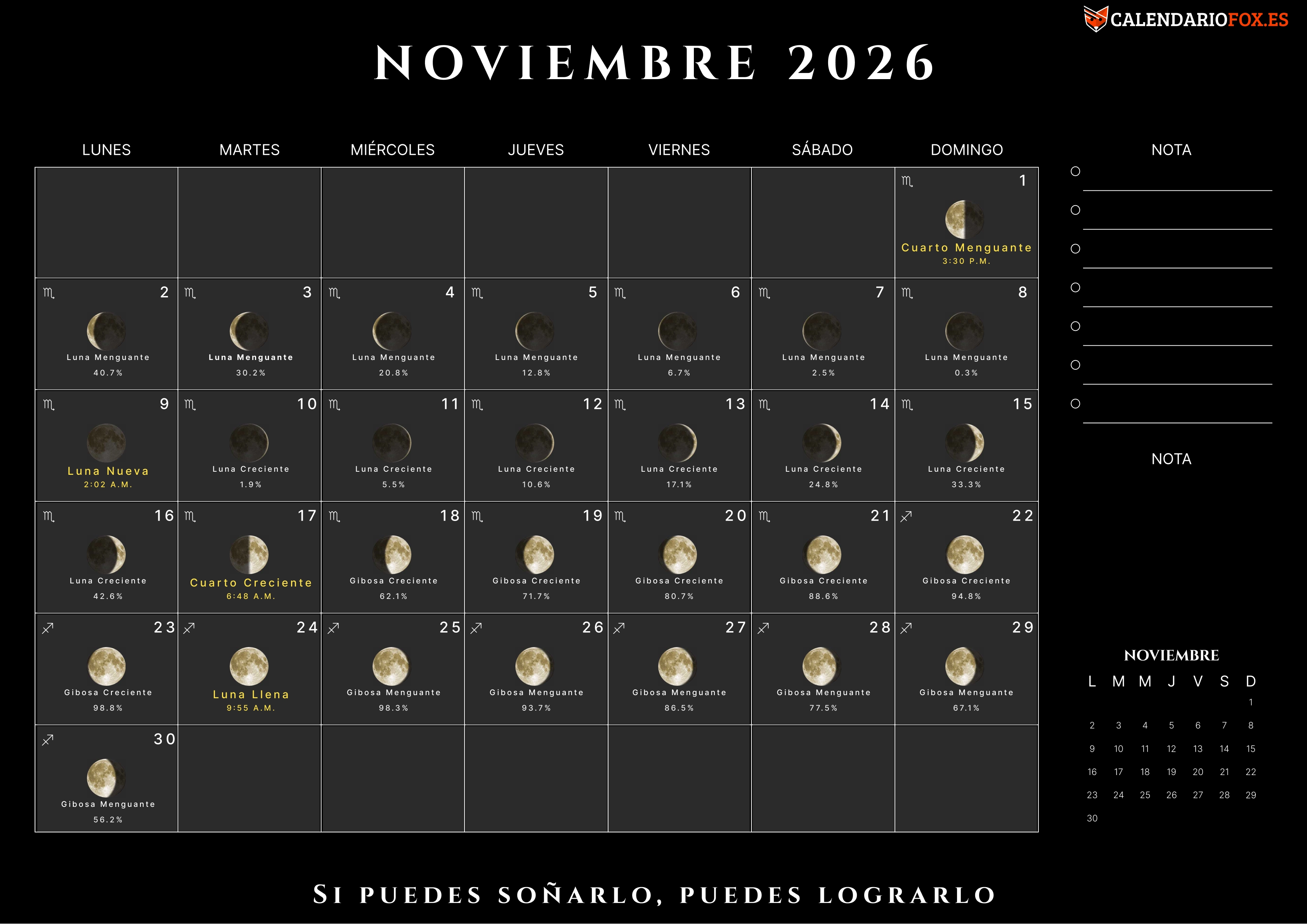 Calendario Noviembre 2026 con Fases Lunares
