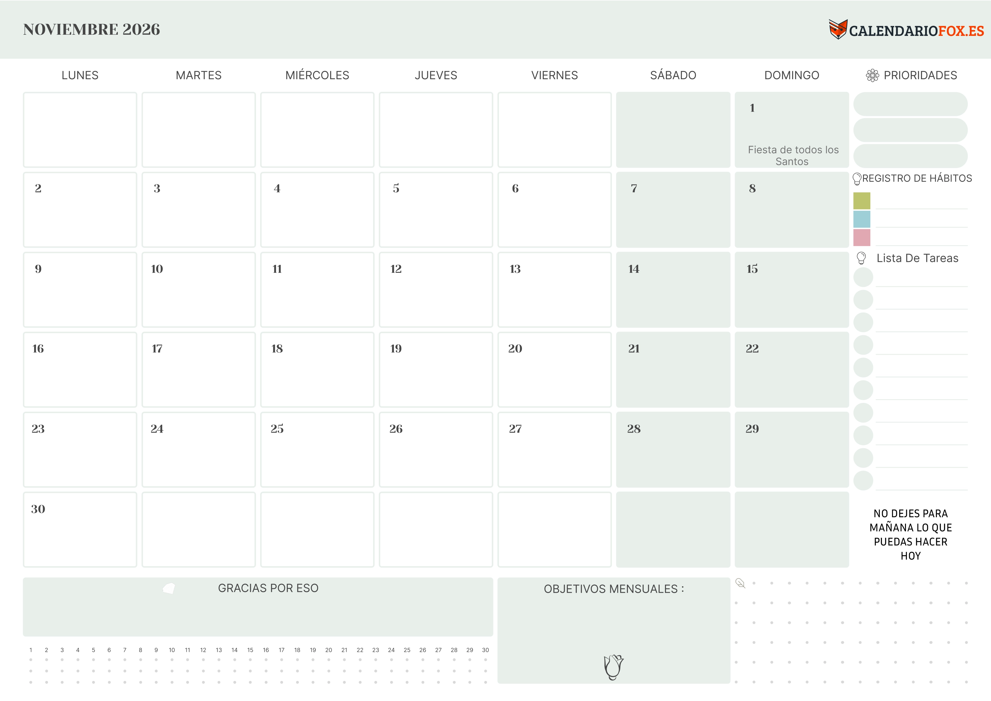 Calendario Noviembre 2026 con Prioridades