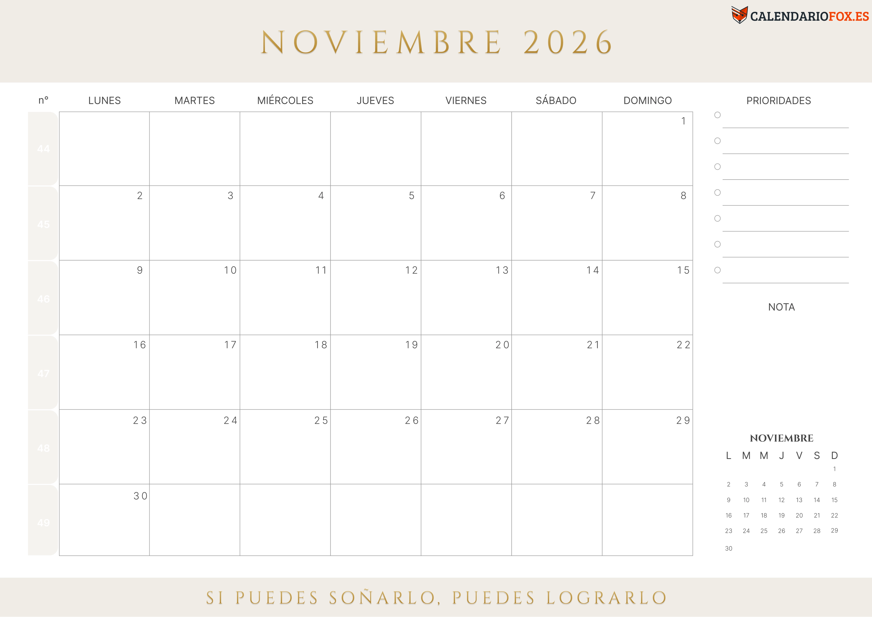 Calendario Noviembre 2026 con Semanas