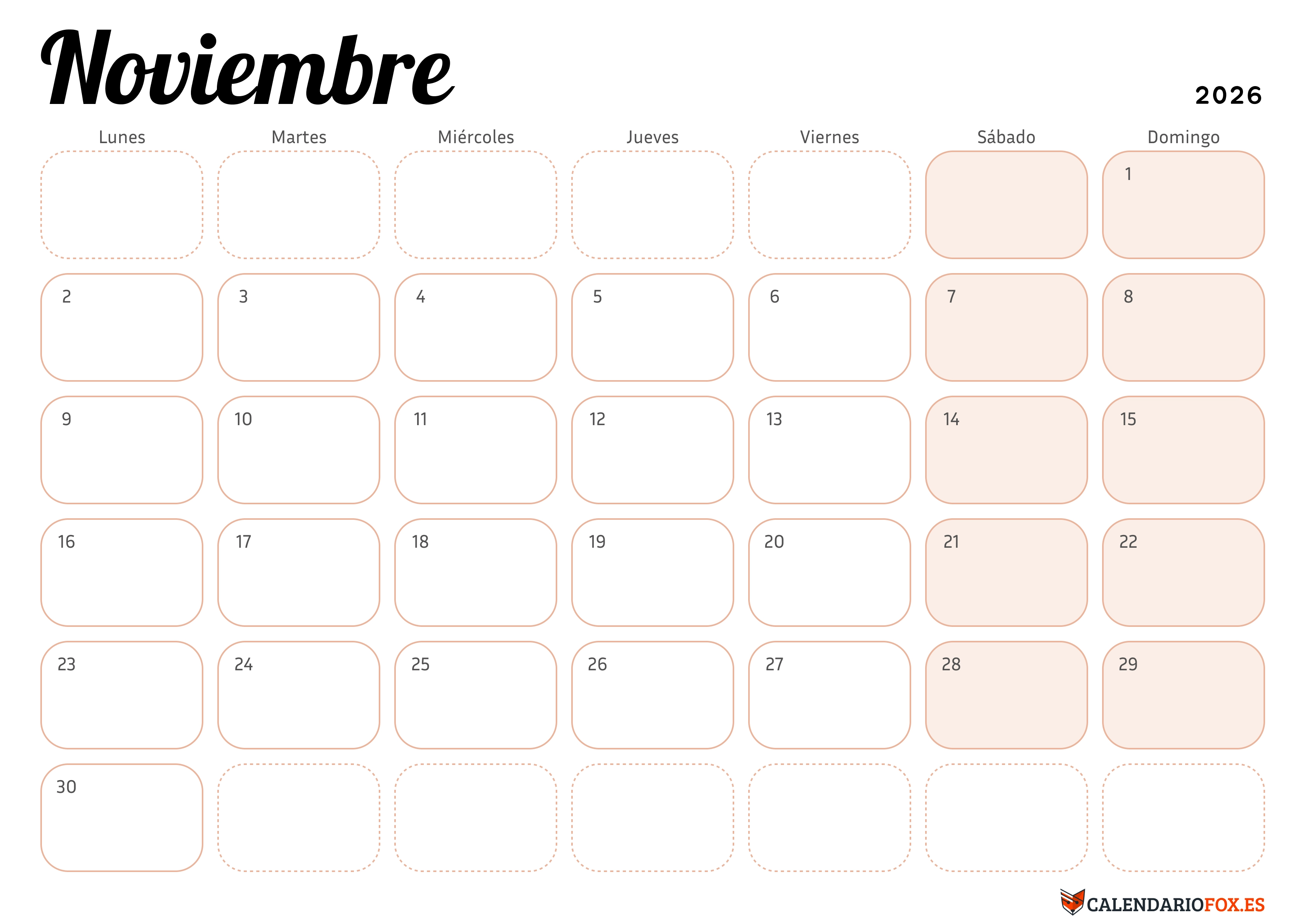 Calendario Noviembre 2026 Elegante