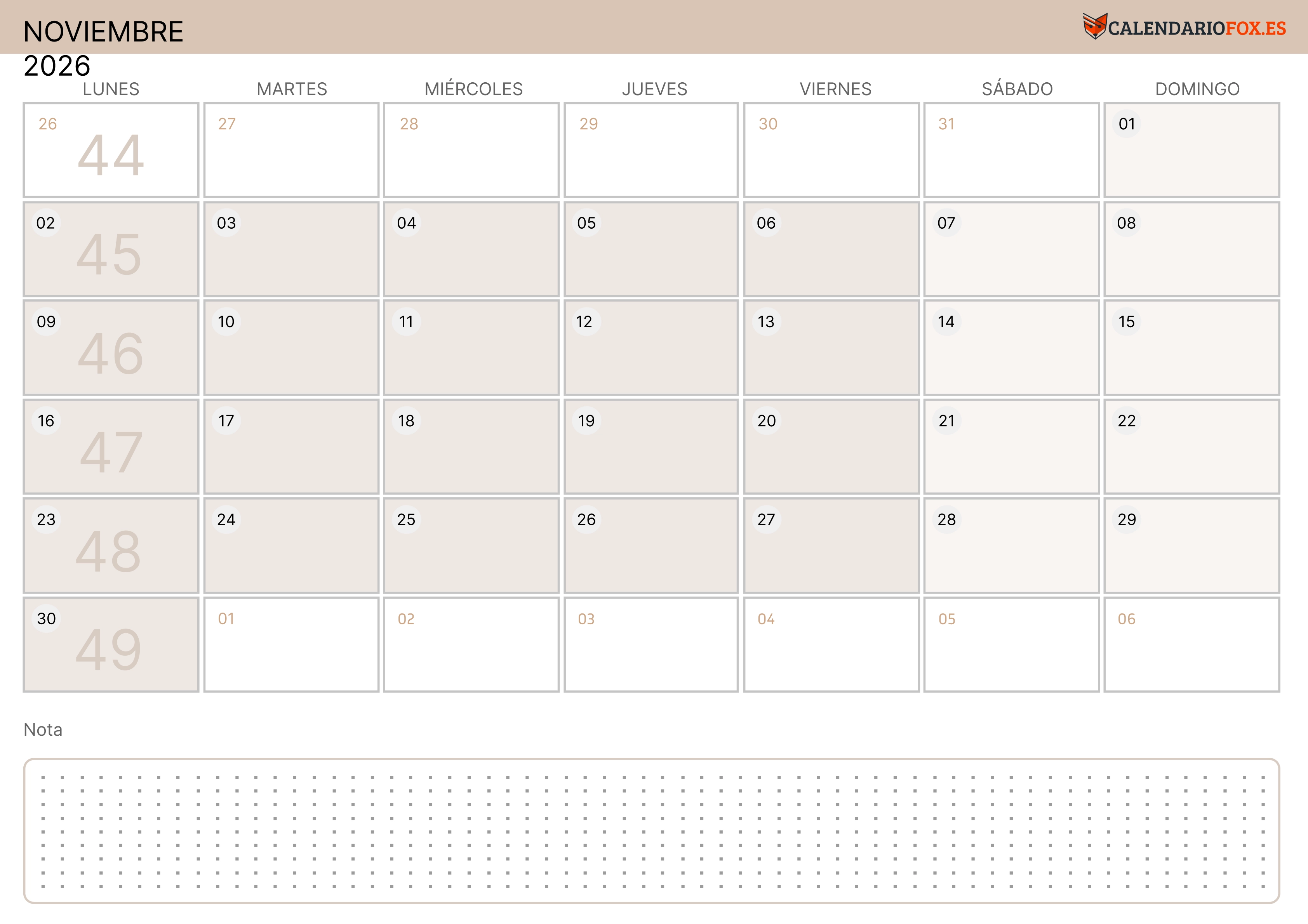 Calendario Noviembre 2026 Moderno