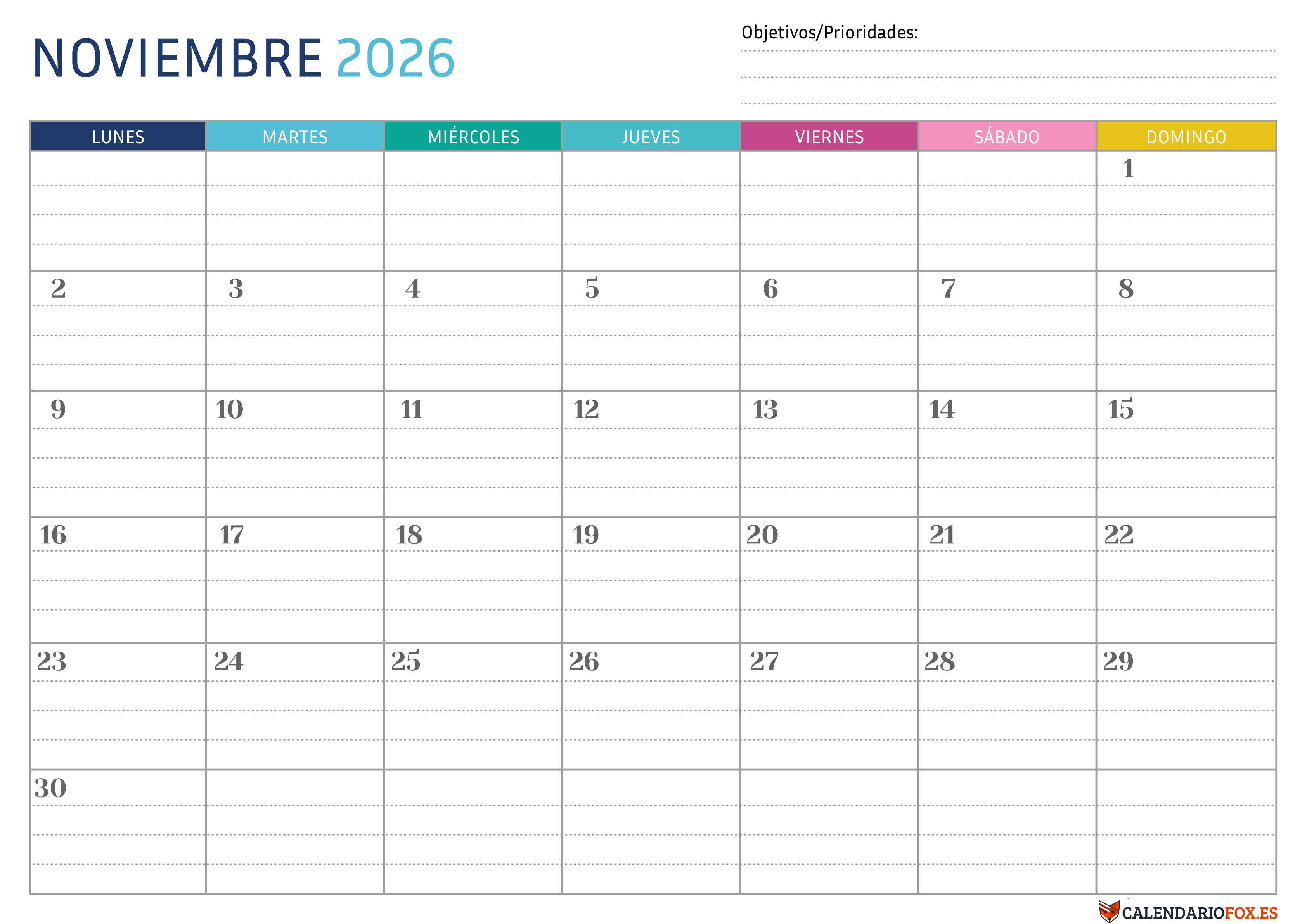 Calendario Noviembre 2026 Punteado