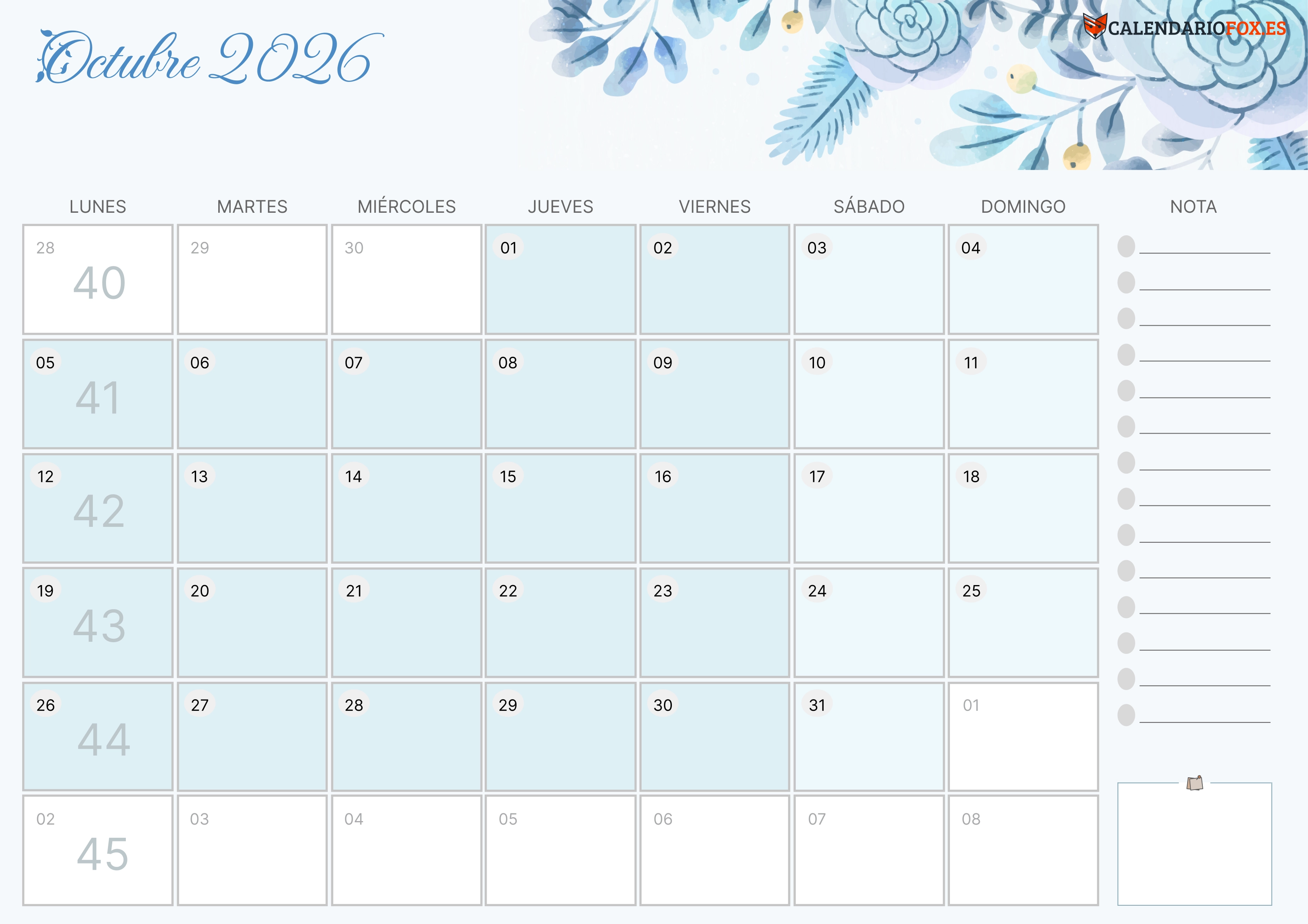 Calendario Octubre 2026 Aesthetic