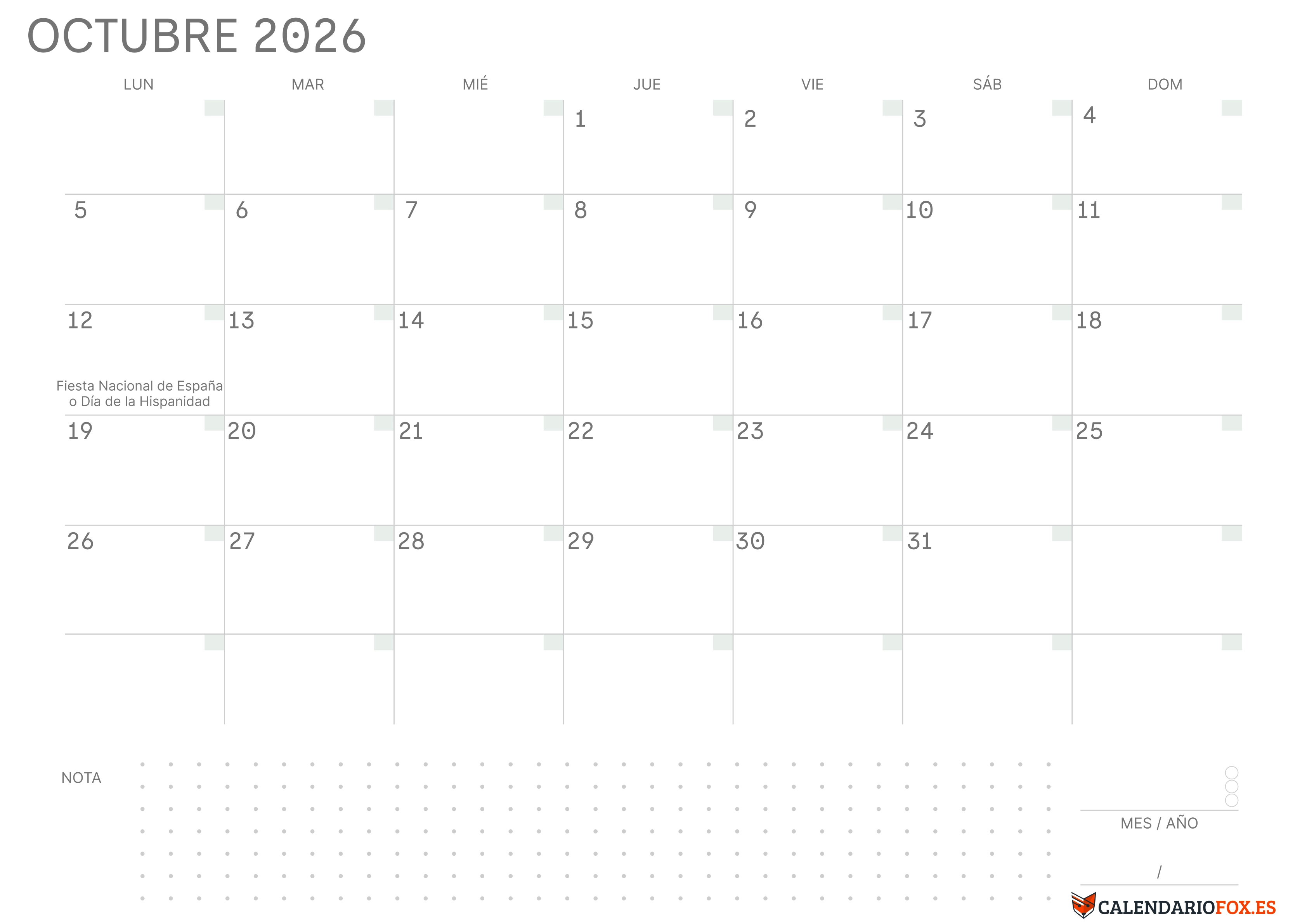 Calendario Octubre 2026 en Blanco
