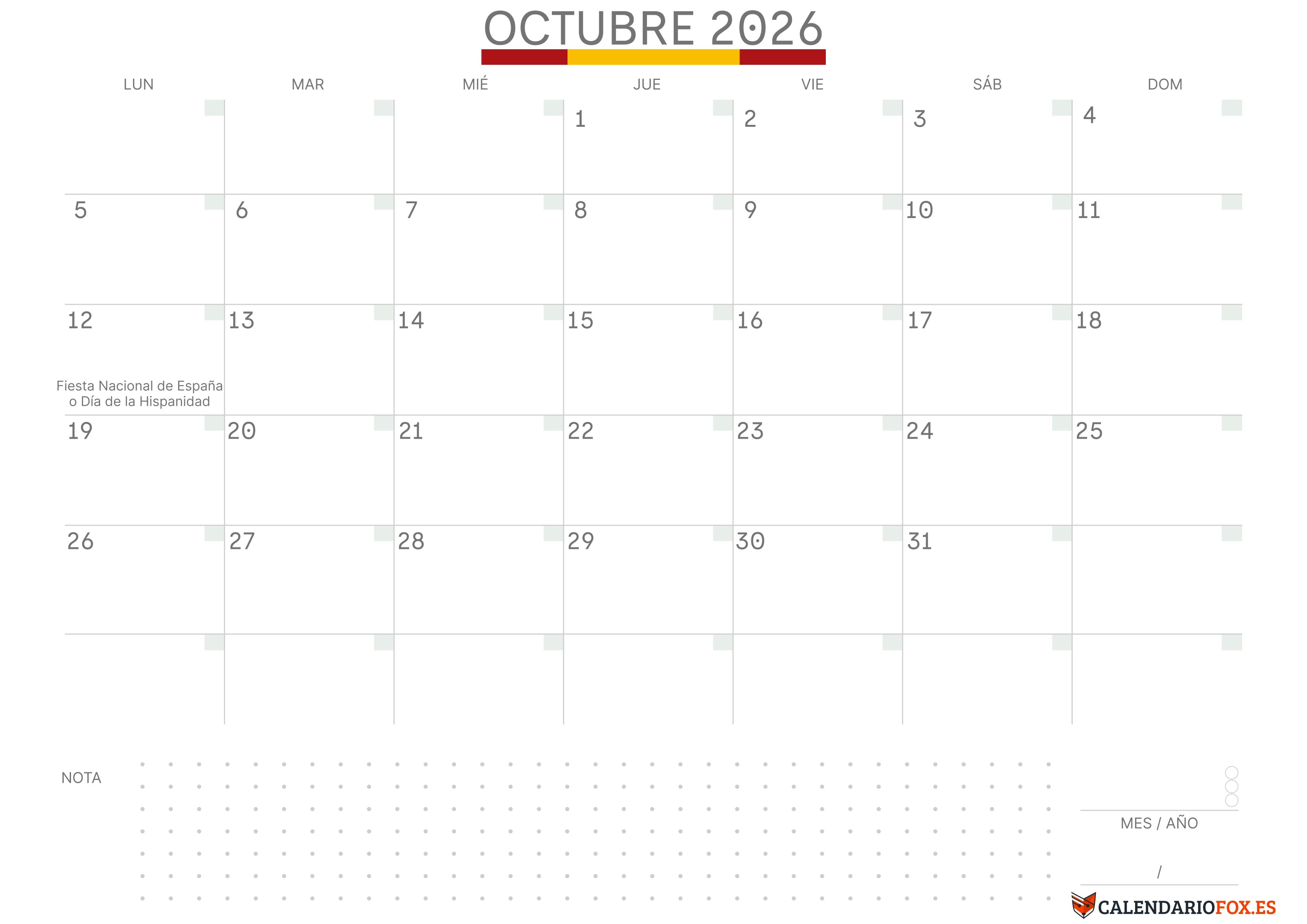 Calendario Octubre 2026 con Bandera de España