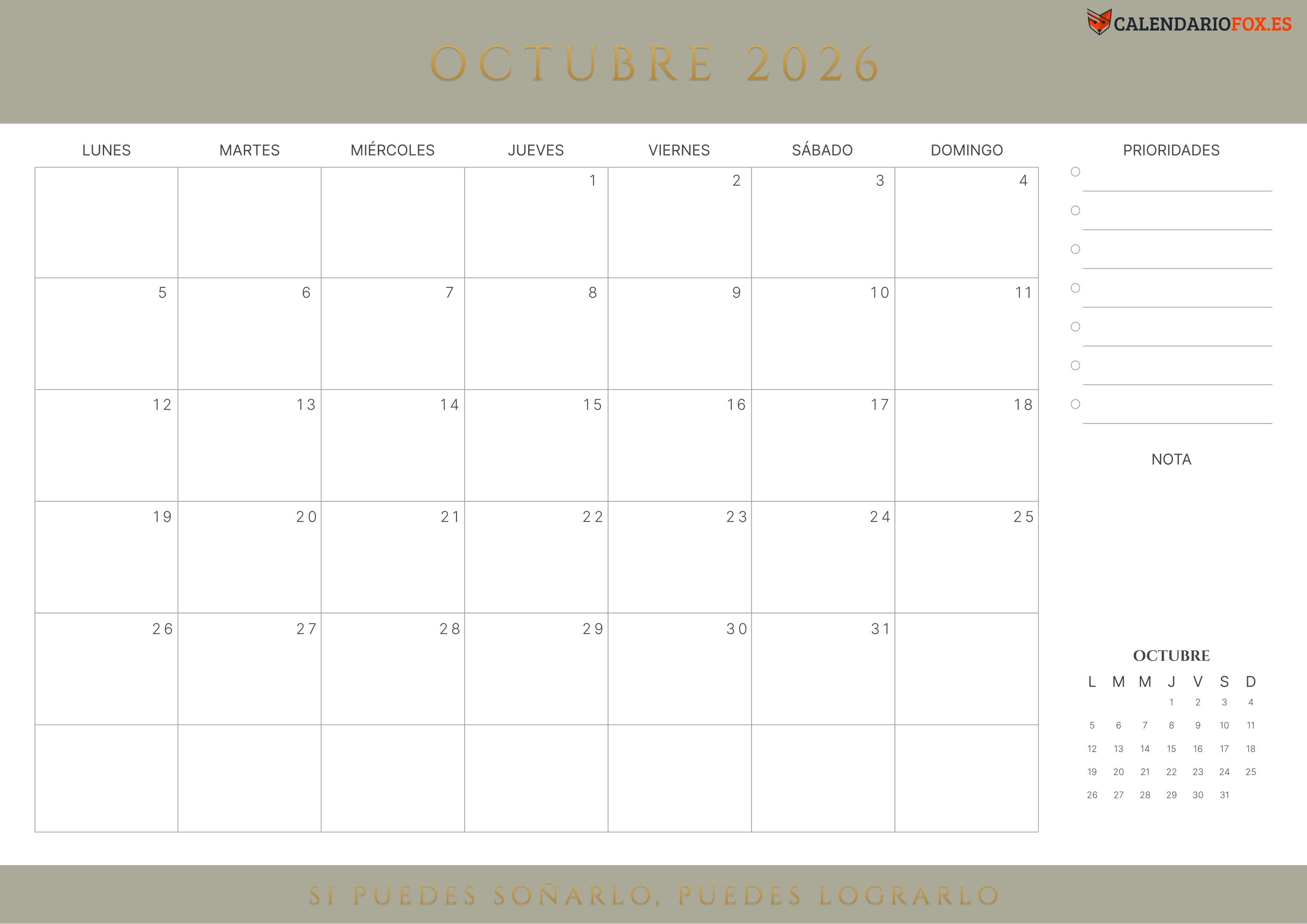 Calendario Octubre 2026 con Citas