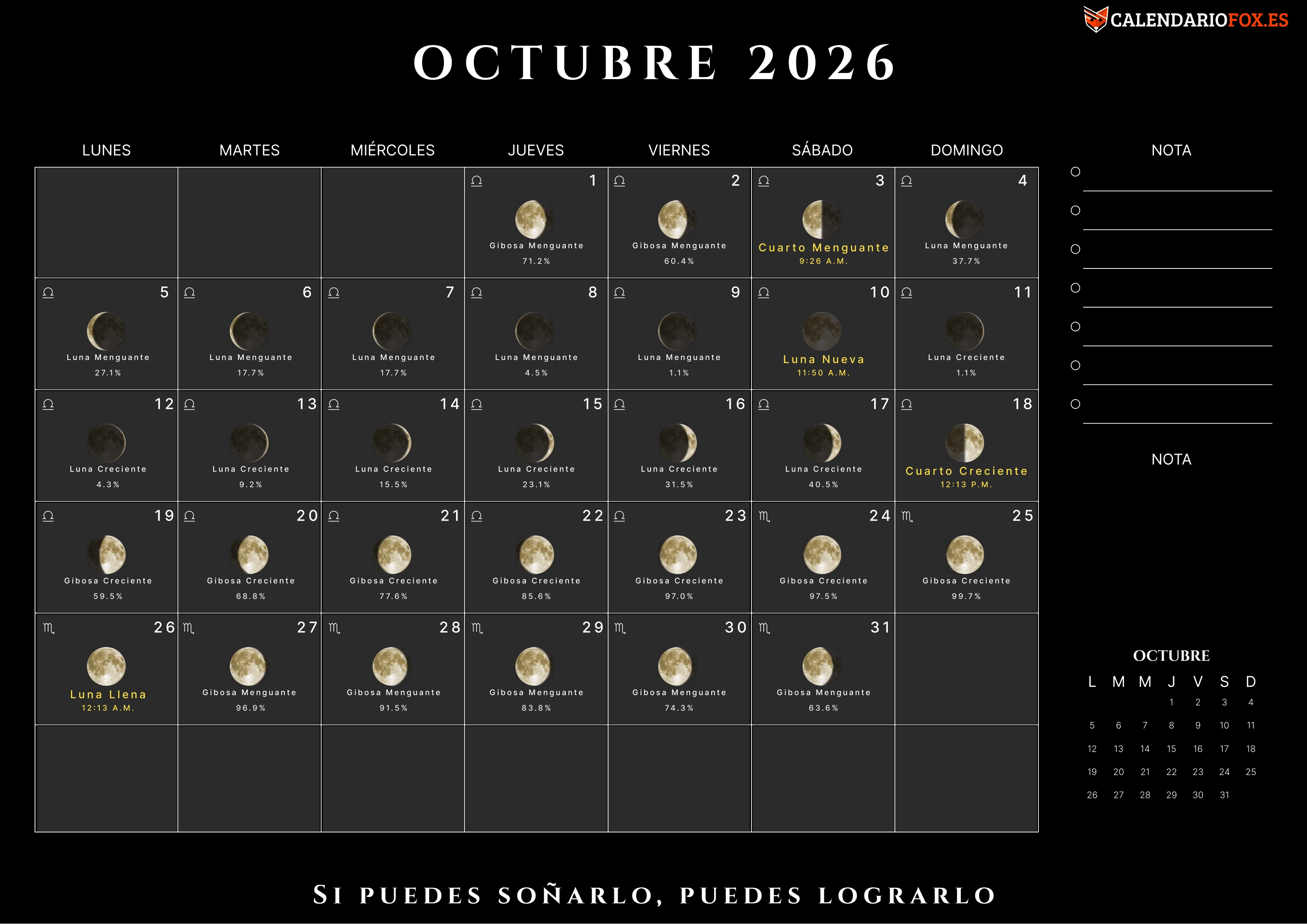 Calendario Octubre 2026 con Fases Lunares