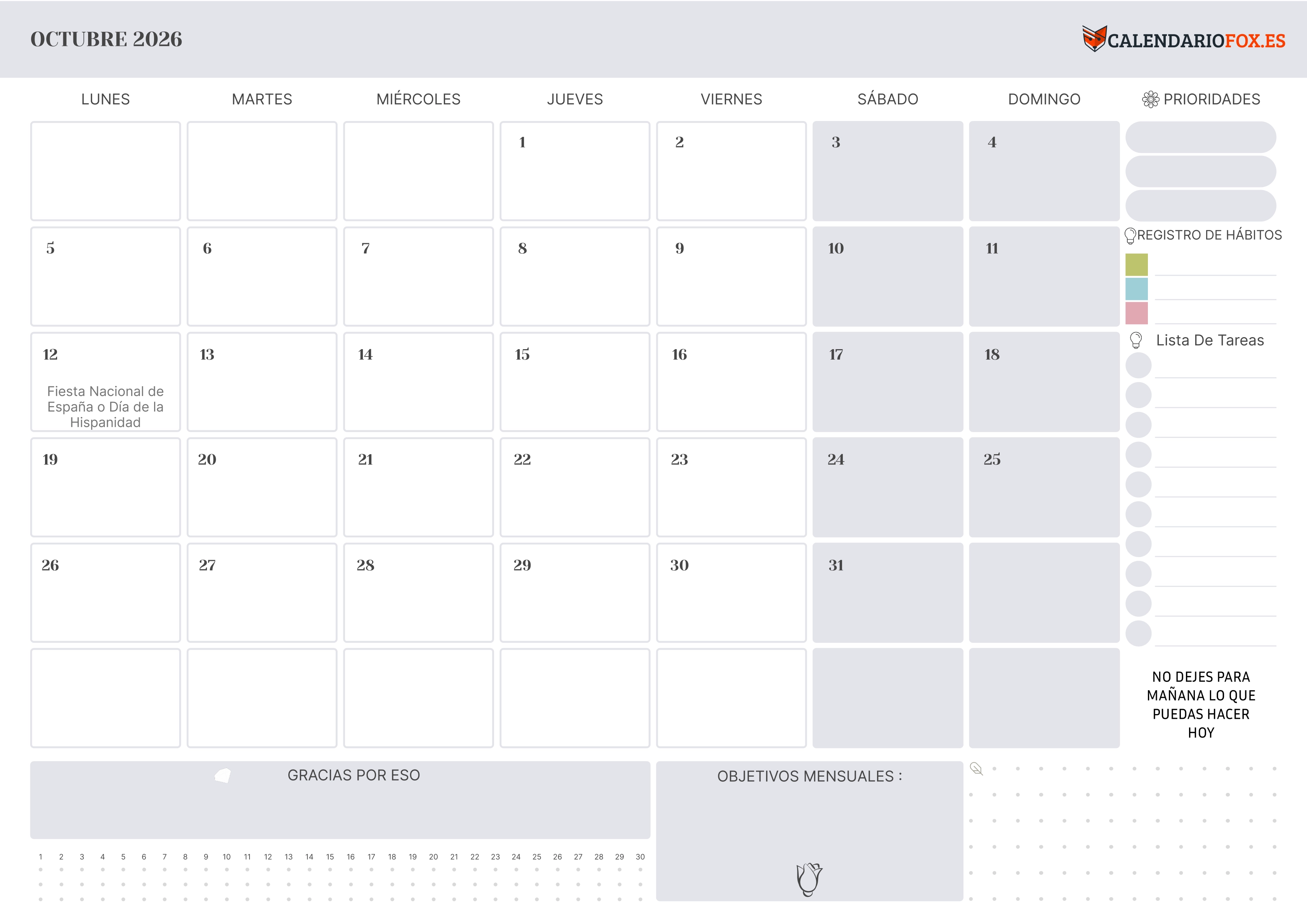 Calendario Octubre 2026 con Festivos