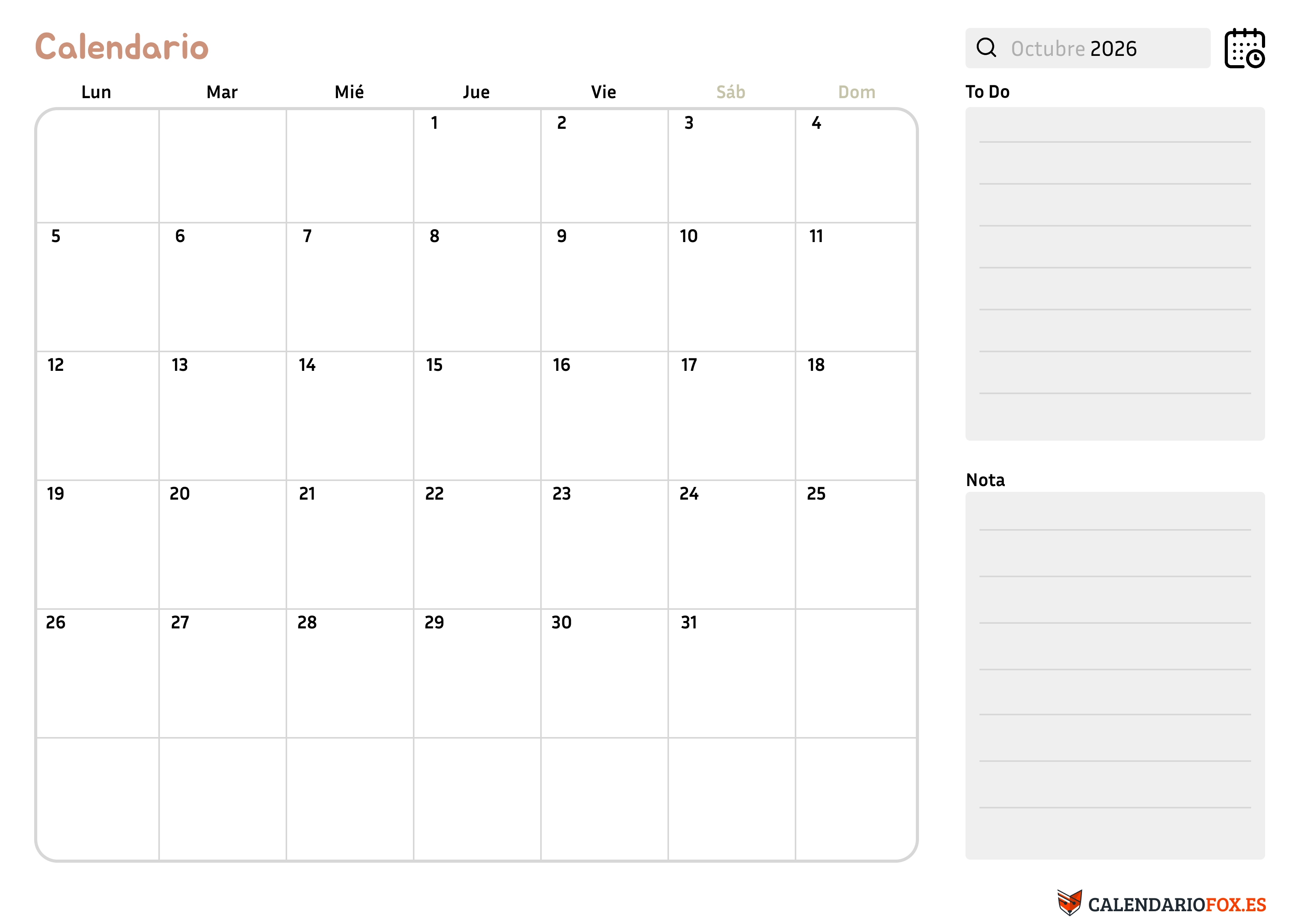 Calendario Octubre 2026 con Notas