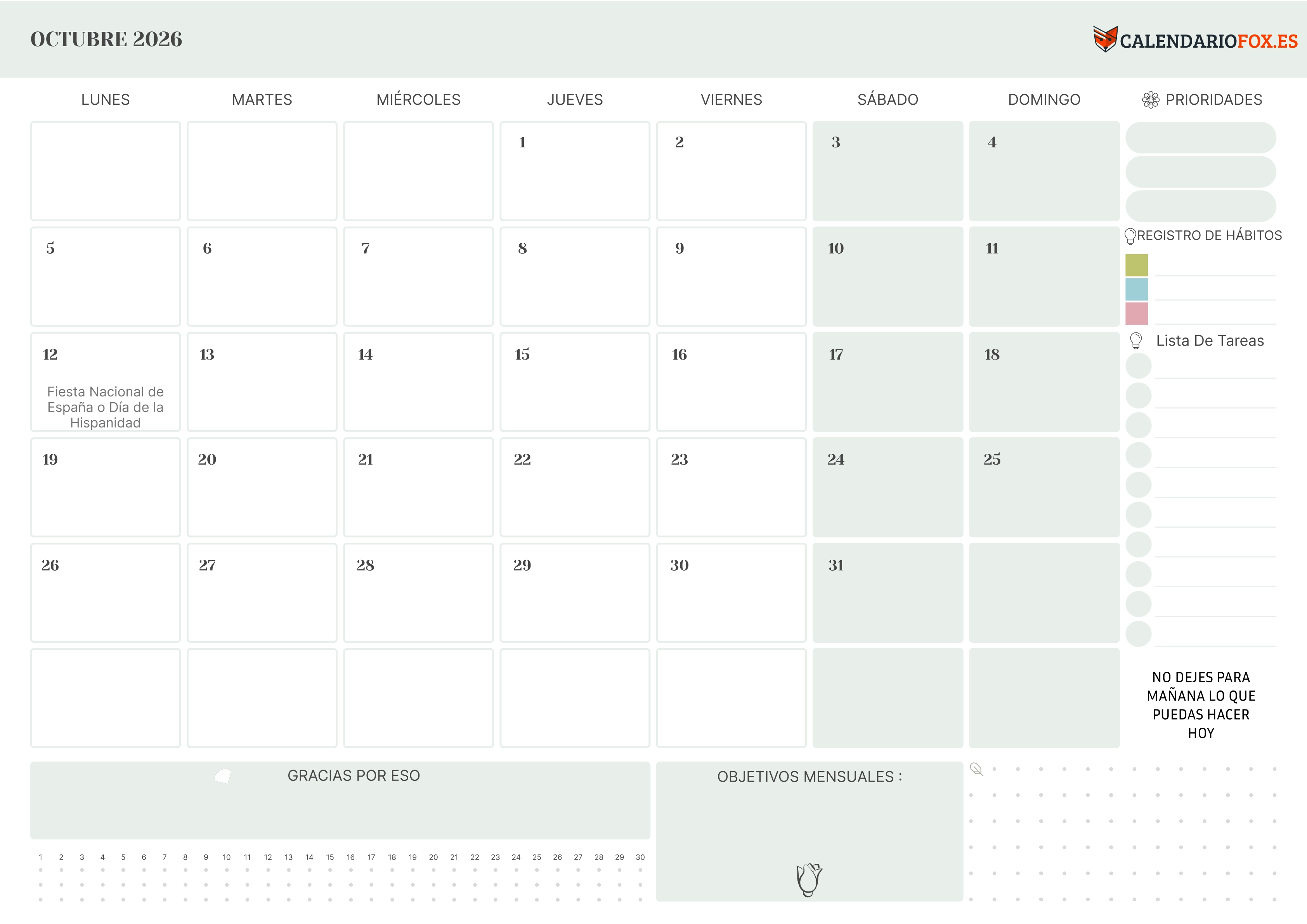 Calendario Octubre 2026 con Prioridades