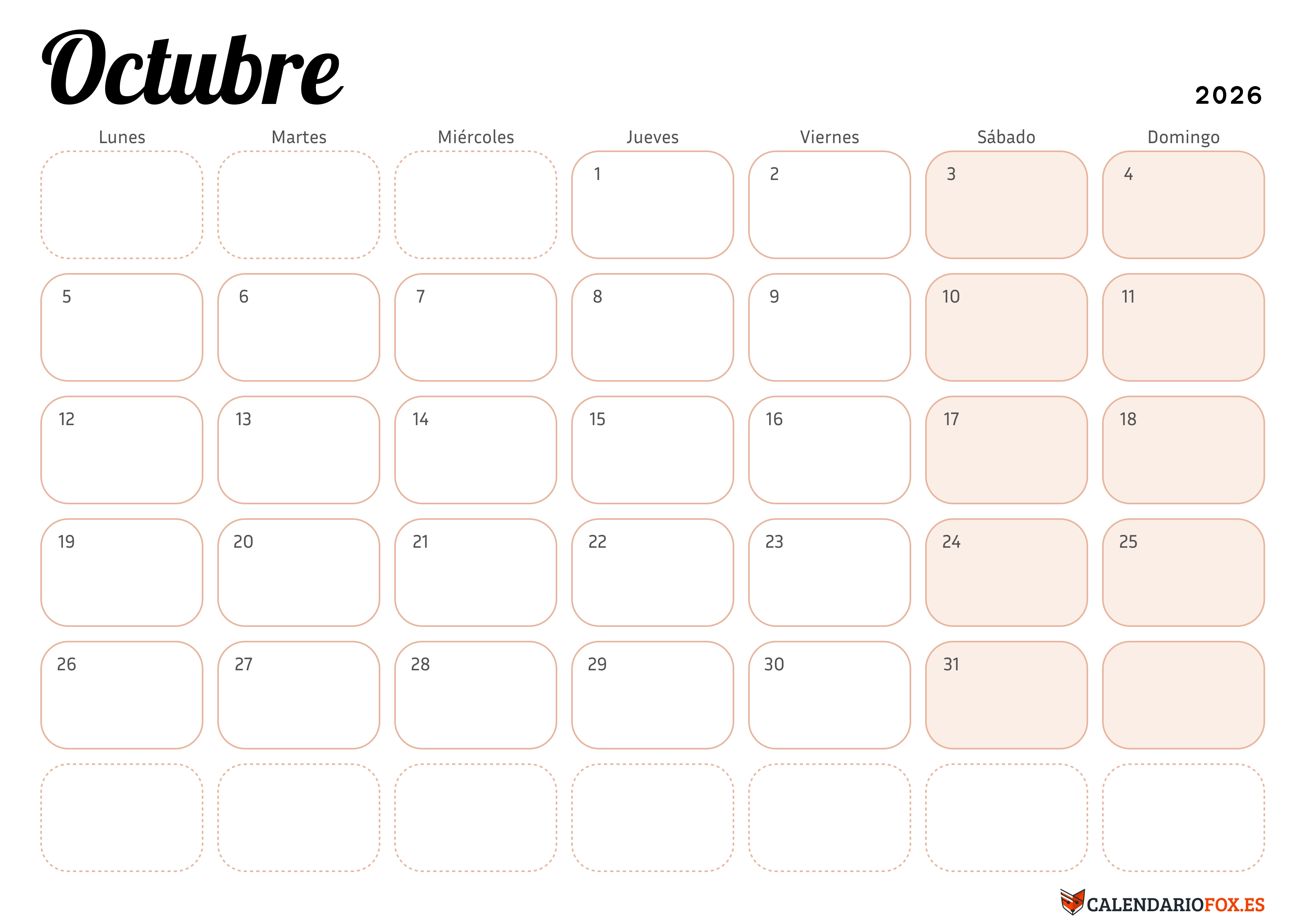 Calendario Octubre 2026 Elegante