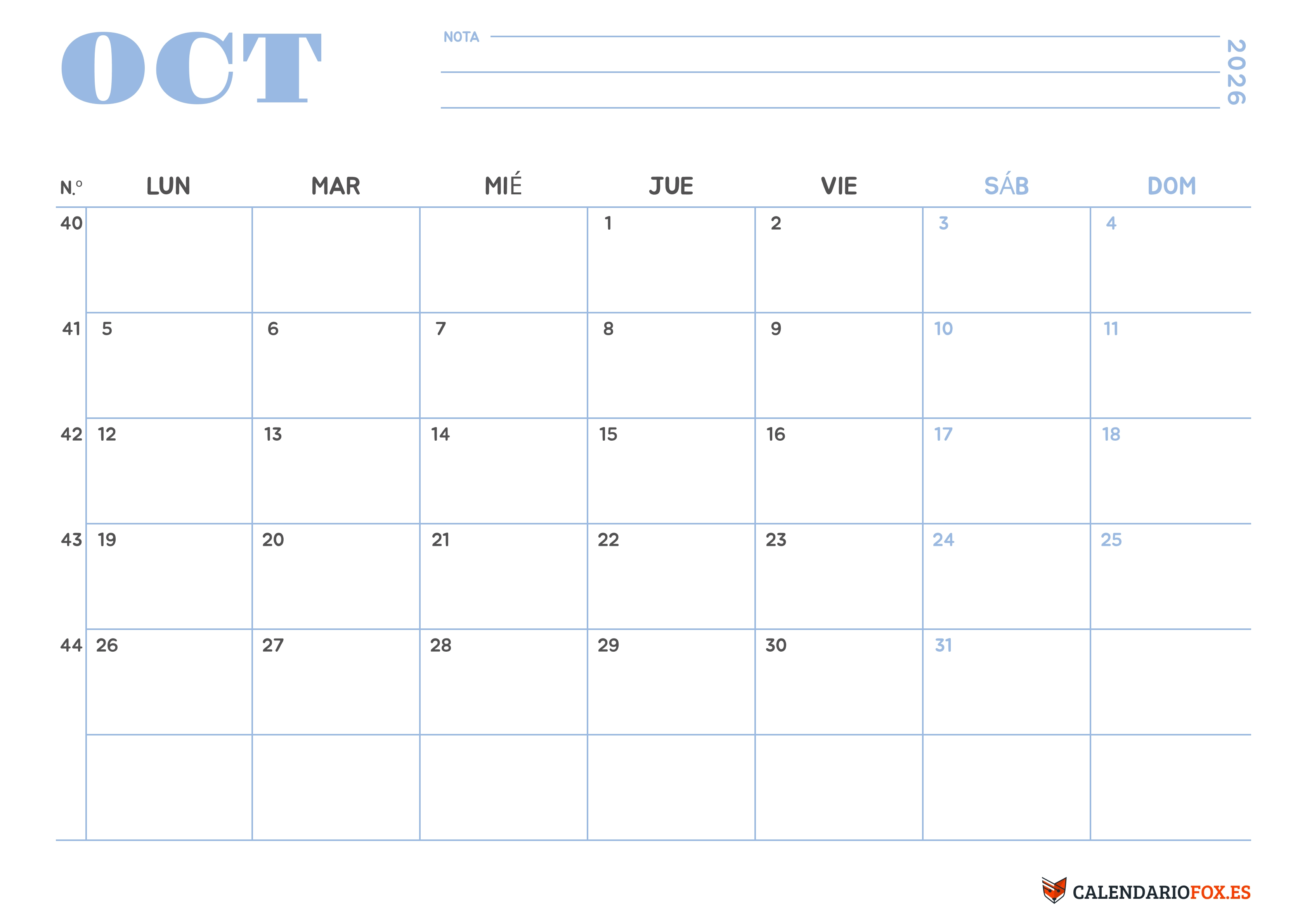 Calendario Octubre 2026 Minimalista
