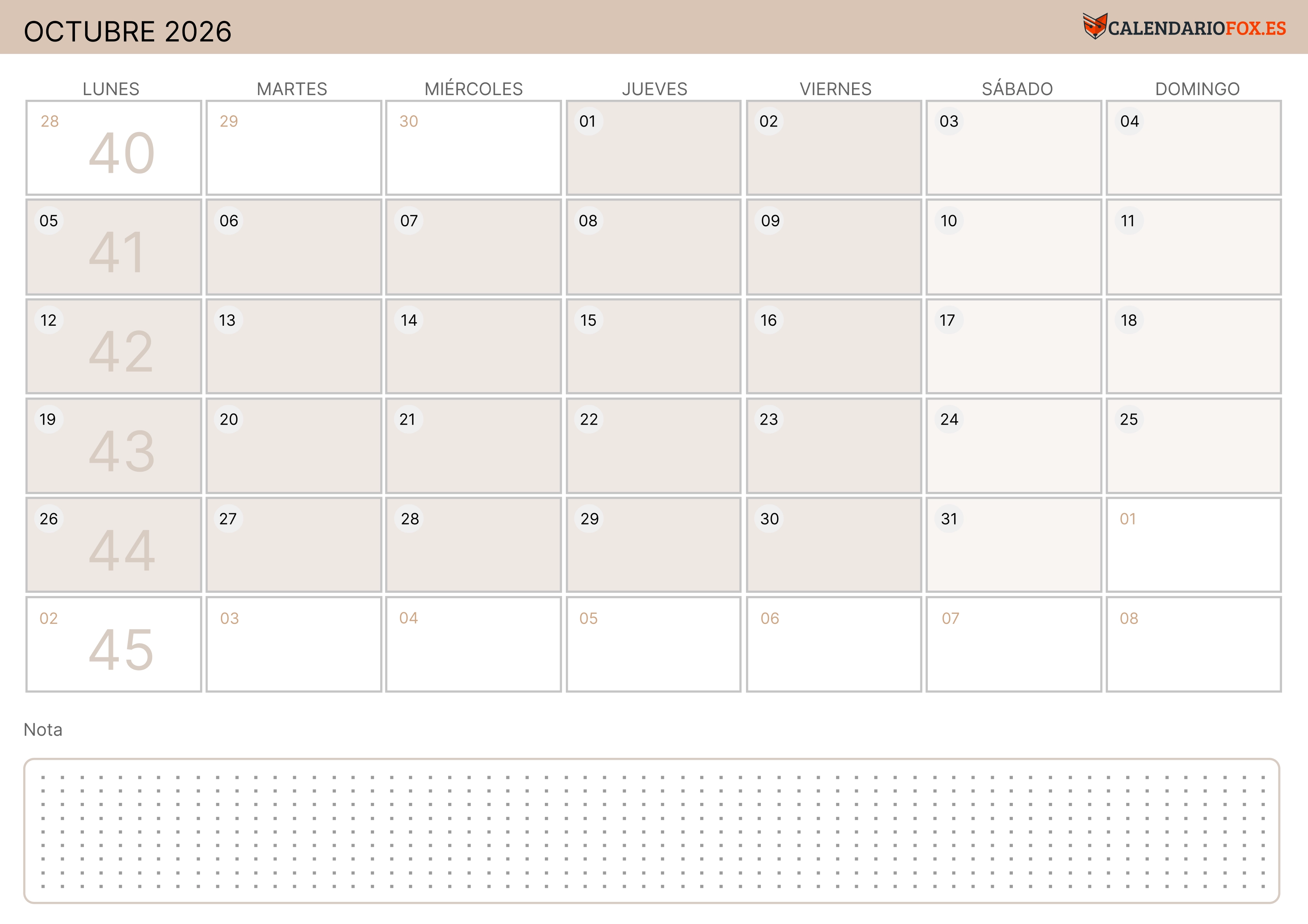Calendario Octubre 2026 Moderno