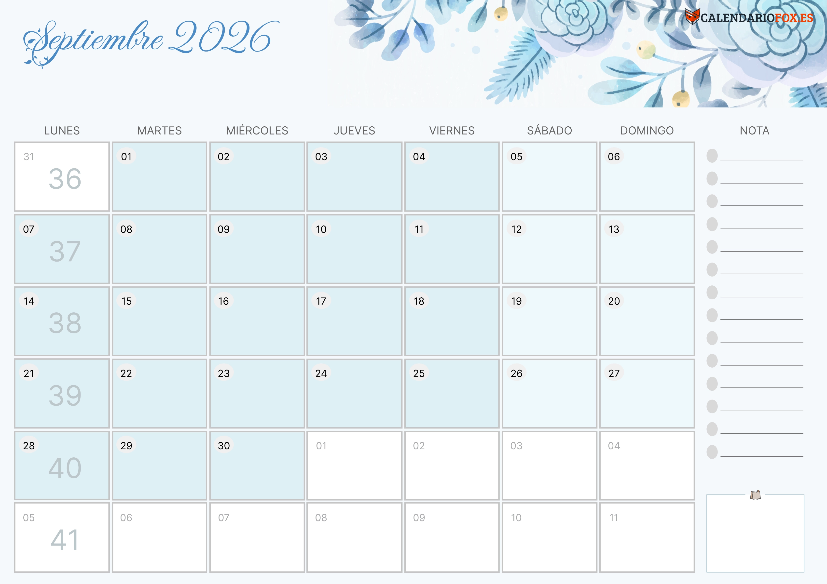 Calendario Septiembre 2026 Aesthetic