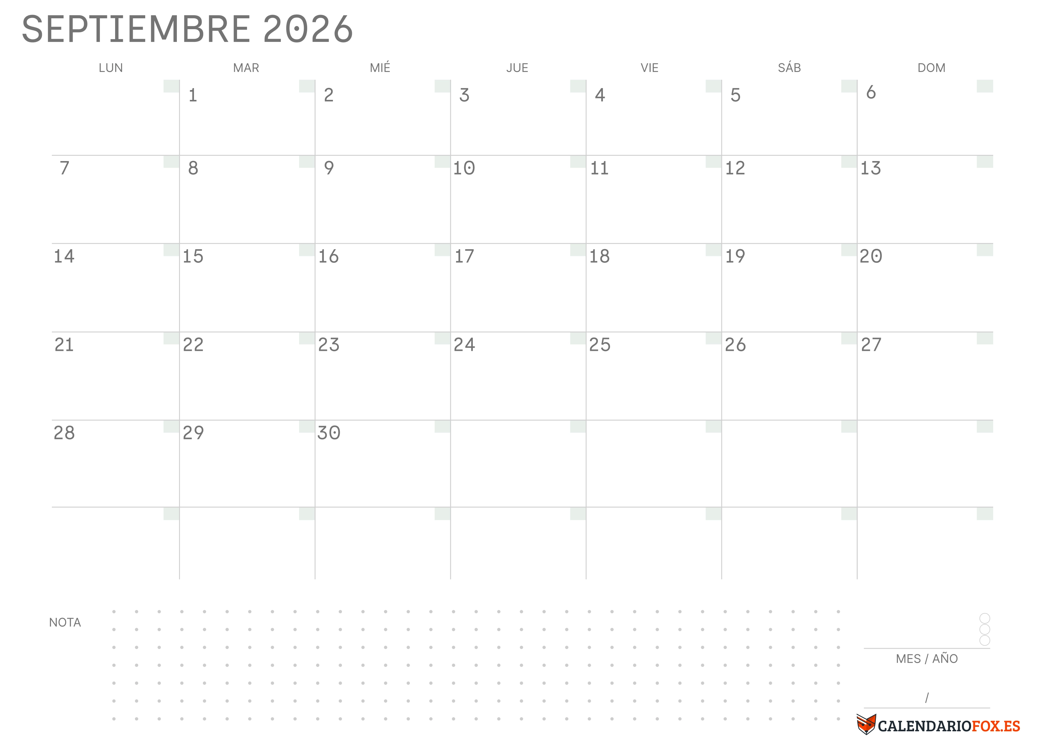 Calendario Septiembre 2026 en Blanco
