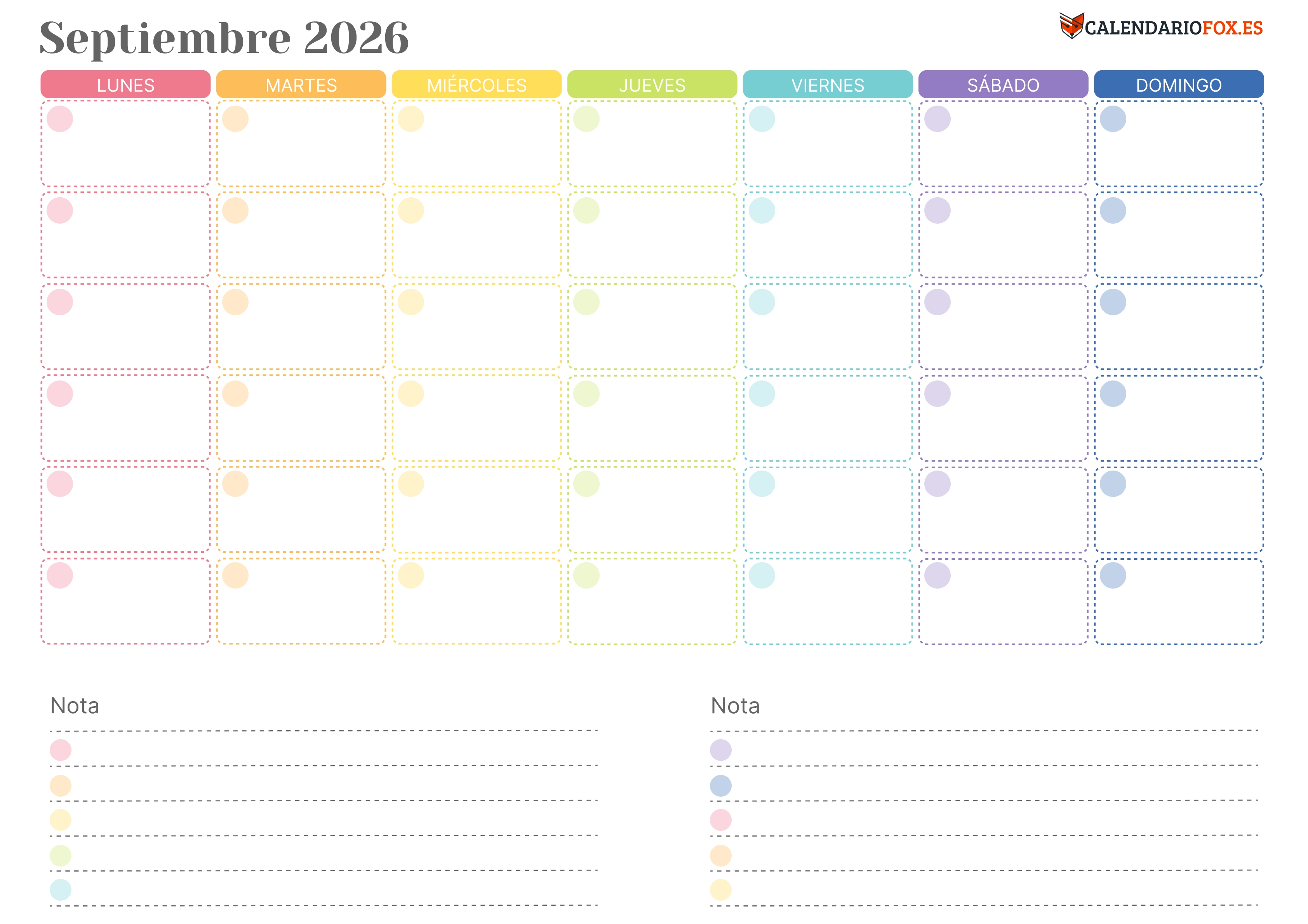 Calendario Septiembre 2026 Colorido