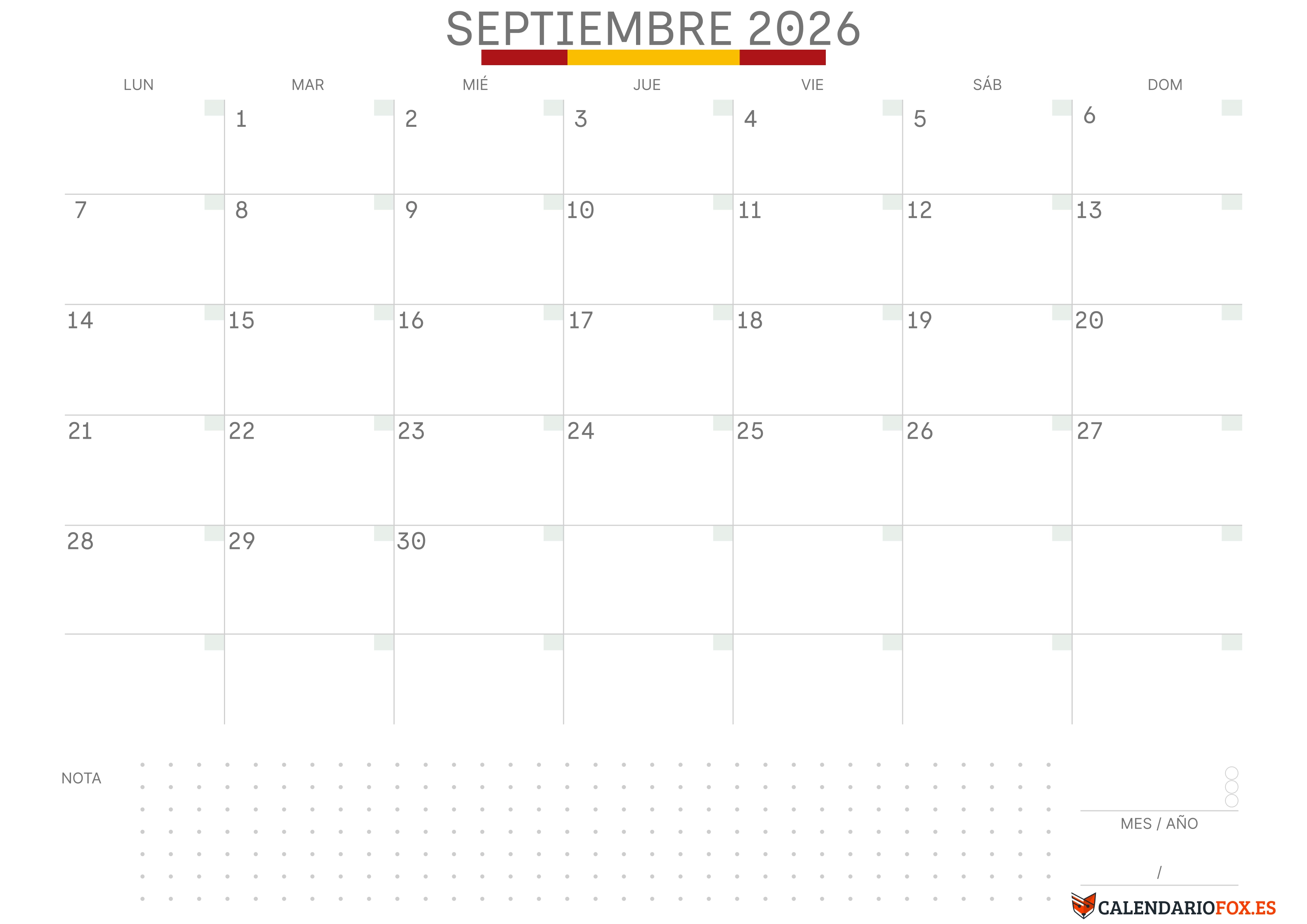Calendario Septiembre 2026 con Bandera de España