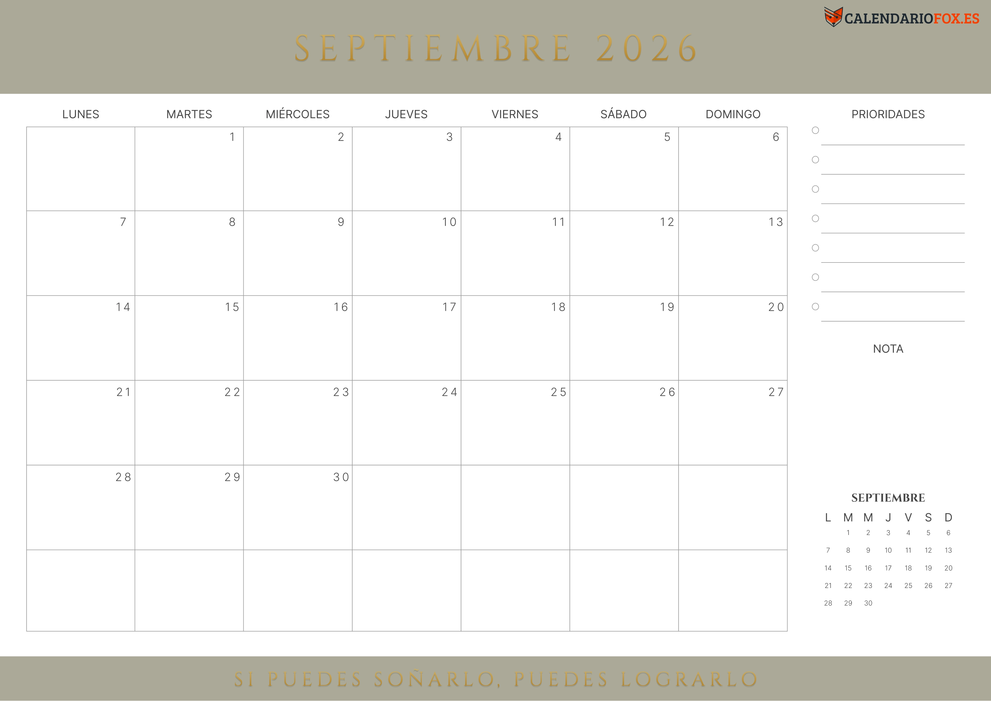 Calendario Septiembre 2026 con Citas