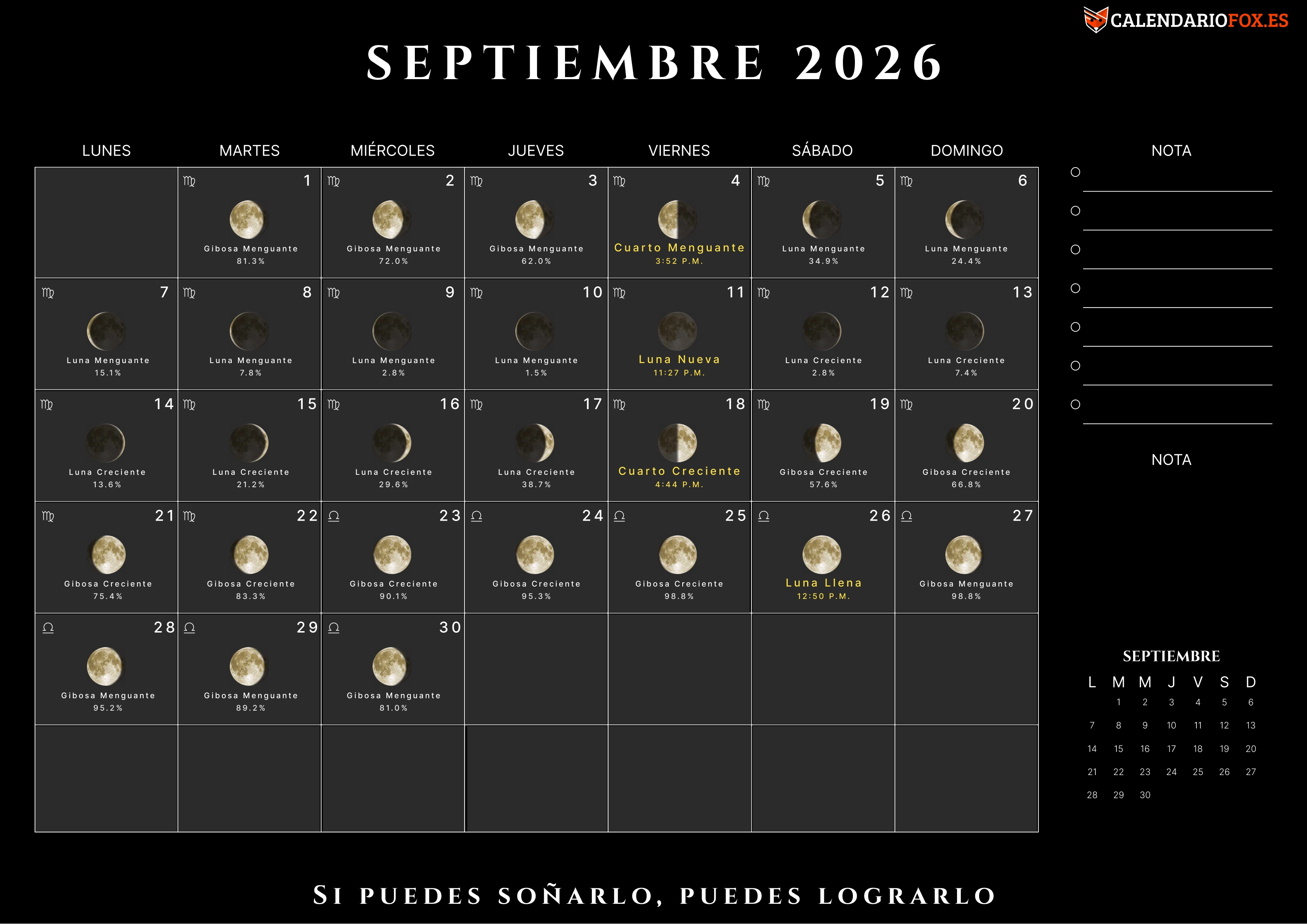 Calendario Septiembre 2026 con Fases Lunares