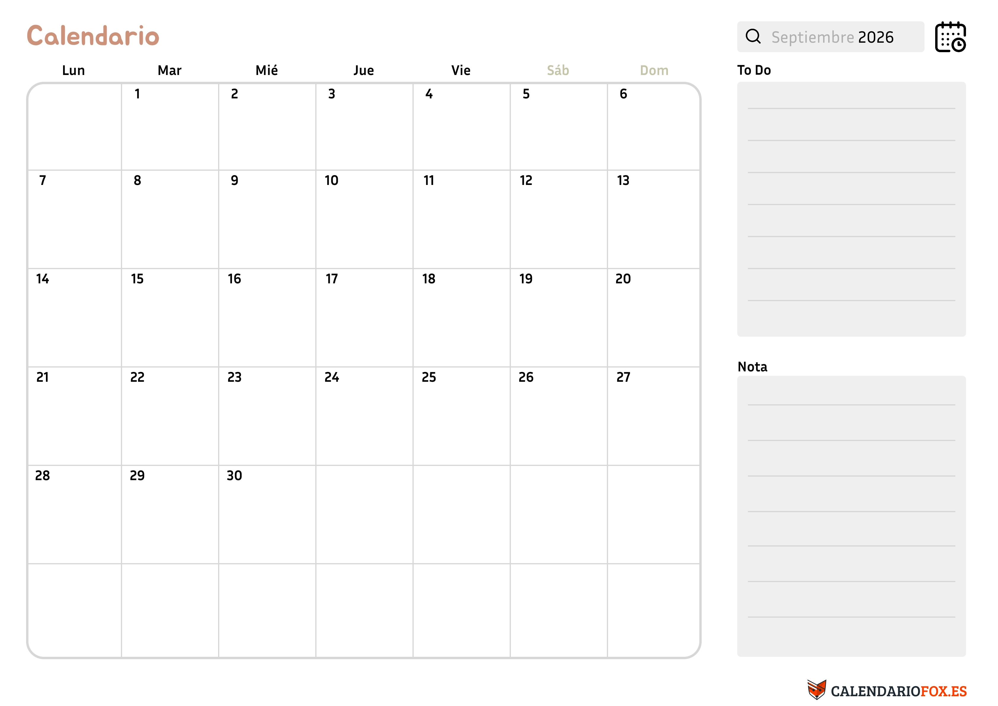 Calendario Septiembre 2026 con Notas