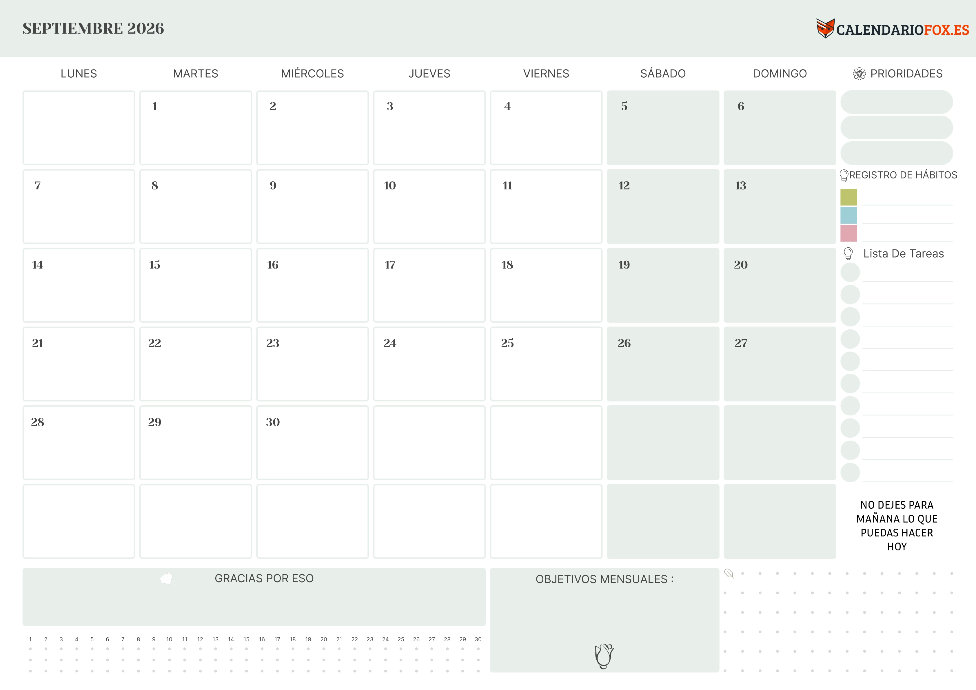 Calendario Septiembre 2026 con Prioridades