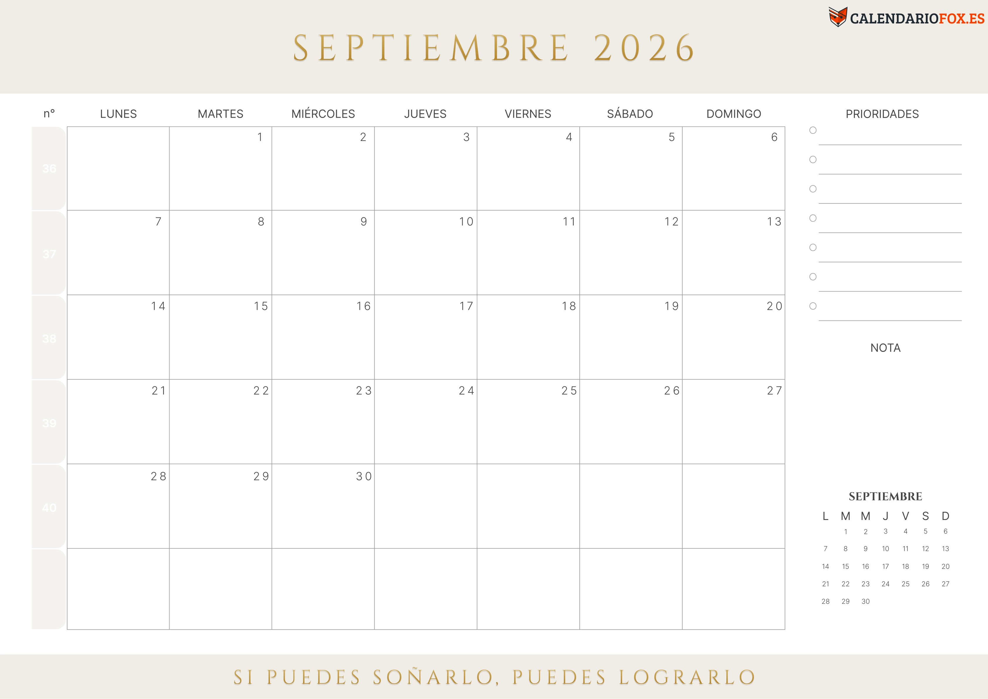 Calendario Septiembre 2026 con Semanas