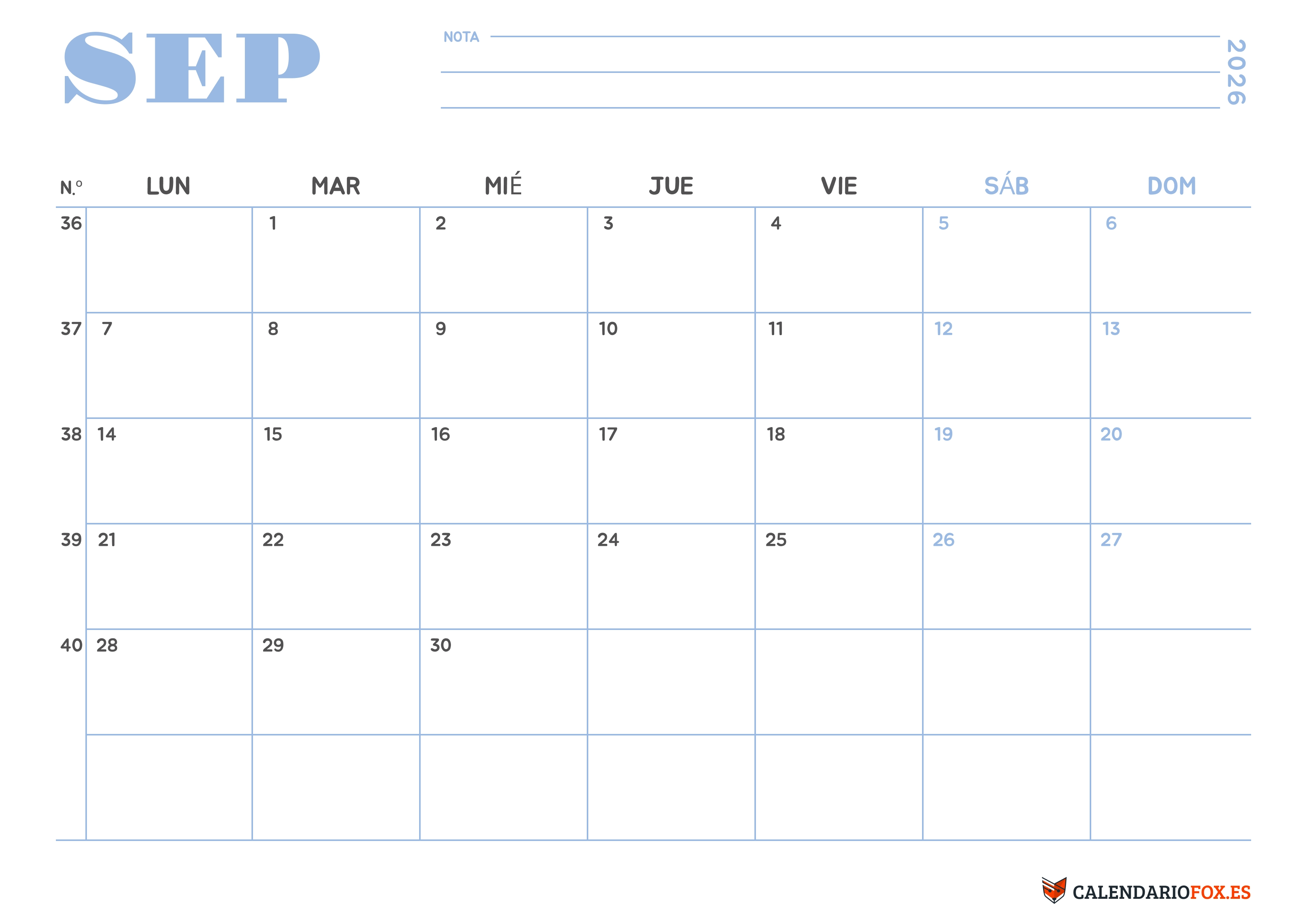 Calendario Septiembre 2026 Minimalista