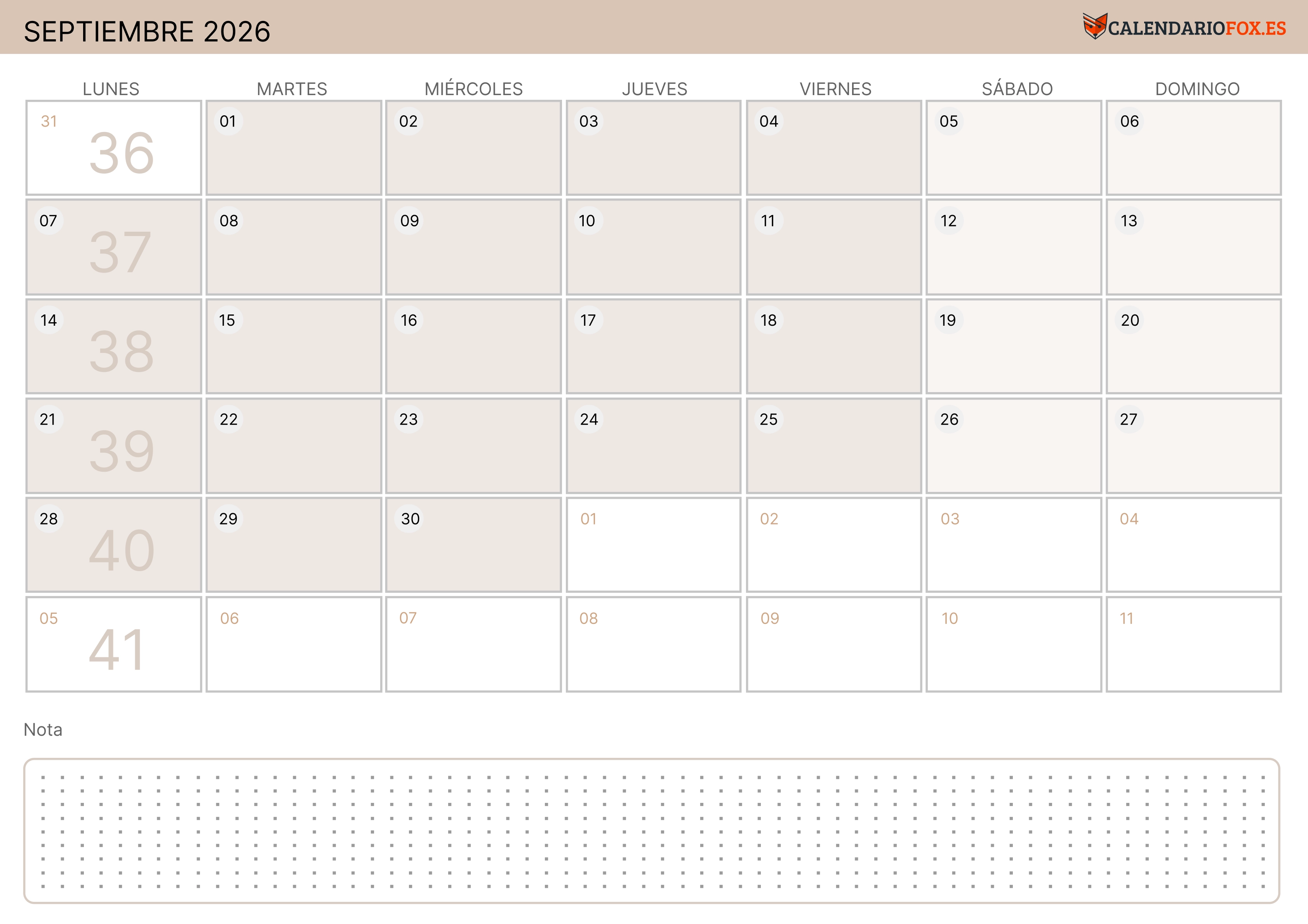 Calendario Septiembre 2026 Moderno