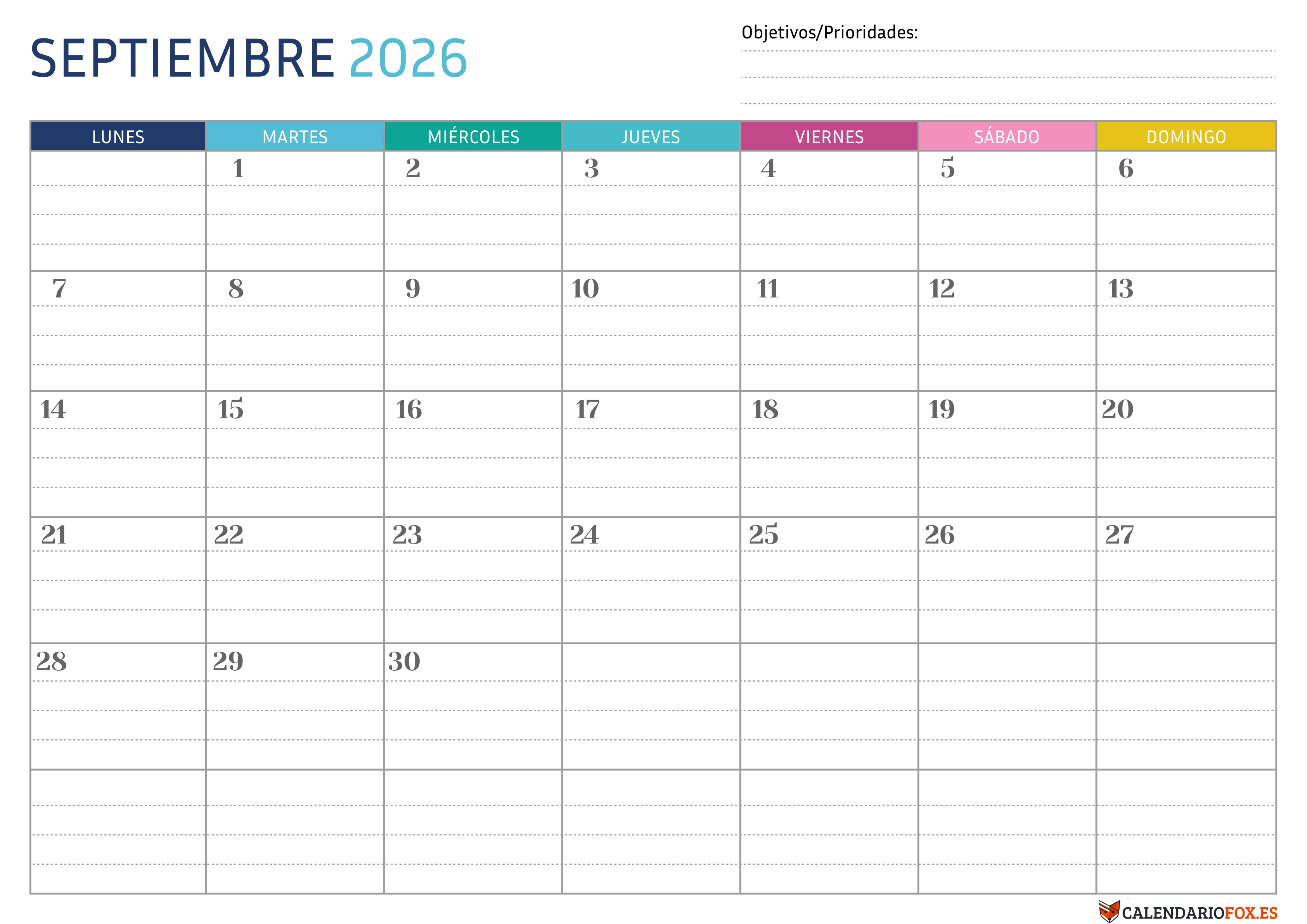 Calendario Septiembre 2026 Punteado